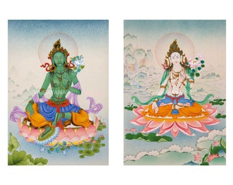 Exclusivo conjunto combinado de impresiones de Tara Thangka, Tara verde y Tara blanca para el bienestar espiritual, decoraciones de meditación budista, impresiones de lienzo de calidad