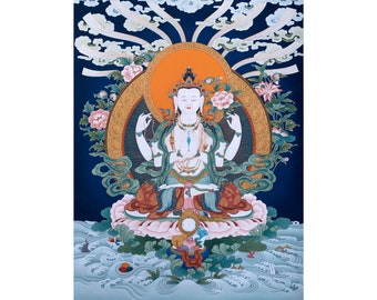 Vierarmiger Chenrezig Thangka Druck | Bodhisattva Thangka | Hochwertiger Giclée-Thangka-Druck | Spirituelle Kunst | Achtsamkeits-Wanddekorationen