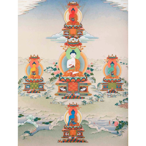 5 Dhyani Buddha Thangka Print | Five Cosmic Directional Buddhas | High Quality Canvas Prints | Canvas of Meditative Presence | Gift Ideas