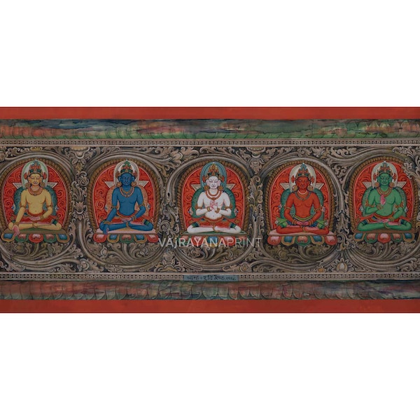 5 Buddhas Thangka | Print For Meditation and Mindfuless | Pancha Buddha Art For Wall Decoration | Five Buddhas' Radiance | Religious Gifts