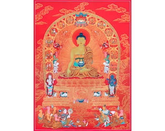 Buddha Life Story Thangka | High Quality Giclee Canvas Print | The Journey of Enlightenment | Canvas of Awakening For Wall Decoration