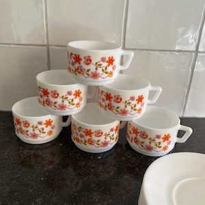Vintage Arcopal France cup and saucer with orange and pink flowers - Scania pattern - set of 6