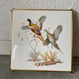 ceramic tile trivet with brass frame with bird/pheasant print