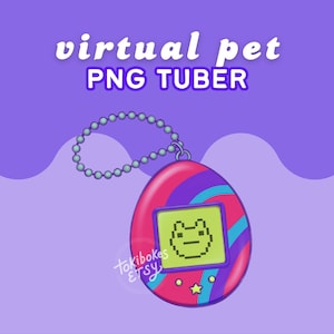 May include: A pink and purple virtual pet toy with a blue and purple swirl design. The toy has a small screen with a pixelated image of a frog. The toy is attached to a silver chain.