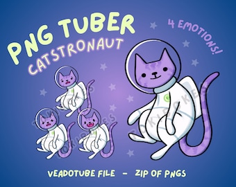 May include: A set of four digital illustrations of a purple cat astronaut with different facial expressions. The cat is wearing a white spacesuit with a helmet and has a purple tail. The text "PNG TUBER CATSTRONAUT 4 EMOTIONS!" is at the top of the image. The text "VEADOTUBE FILE - ZIP OF PNGS" is at the bottom of the image.