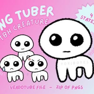 Puede incluir: Una ilustración digital de una criatura de dibujos animados blanca con cuatro expresiones diferentes. La criatura tiene grandes ojos negros y un diseño simple. El texto "PNG TUBER TBH CREATURE" está en la parte superior de la imagen. El texto "4 STATES!" está en forma de estrella en la parte superior derecha de la imagen. El texto "YIPPEE!" está en la parte inferior derecha de la imagen. El texto "VEADOTUBE FILE - ZIP OF PNGS" está en la parte inferior de la imagen.