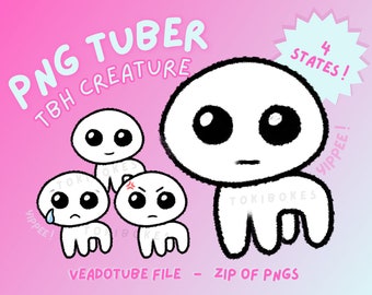 May include: A digital illustration of a white cartoon creature with four different expressions. The creature has large black eyes and a simple design. The text "PNG TUBER TBH CREATURE" is at the top of the image. The text "4 STATES!" is in a starburst shape at the top right of the image. The text "YIPPEE!" is at the bottom right of the image. The text "VEADOTUBE FILE - ZIP OF PNGS" is at the bottom of the image.