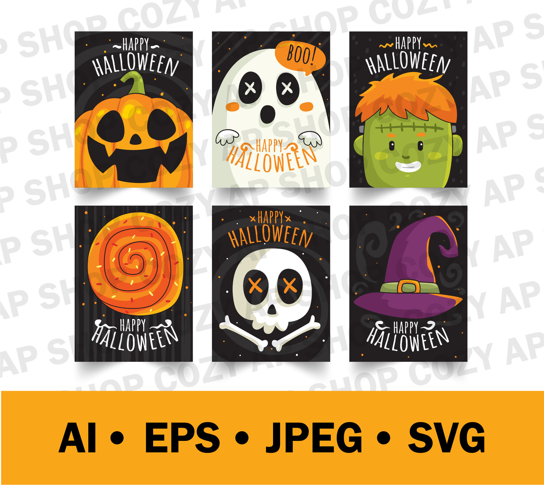 Hand Drawn Cute Halloween Card Collection Digital Files Etsy