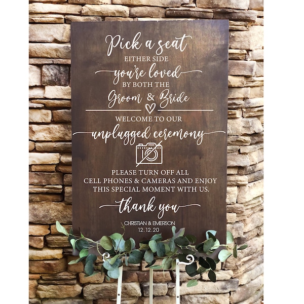 Pick a seat not a side/Unplugged Ceremony Wedding Sign