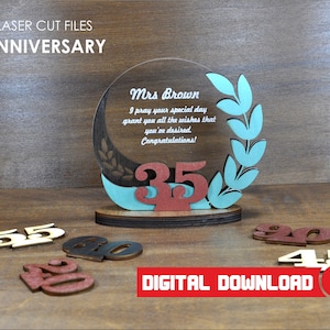 Aniversario, archivo Glowforge, Premio Corona - Ai, SVG, Archivo de corte PDF - Descarga instantánea - No se incluyen elementos físicos