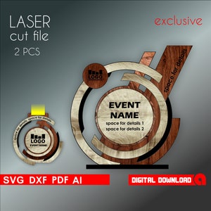 File di taglio laser medaglia, pacchetto di taglio laser trofeo premio 2 disegni diversi, file SVG trofeo premio, Glowforge, file di taglio vettoriale, file di download