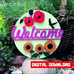 Benvenuto Multi-Layer Assemble, girasole svg, Insegne per porte d'ingresso, file tagliati al laser, Download digitale