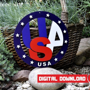 Patriotic door hanger | 4th of July Wreath| Patriotic Welcome round sign| Glowforge SVG | Instant Download|  Laser cut file | Cricut svg