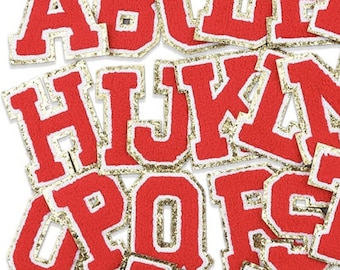 Letras de chenilla rojas, parches de chenilla, letras universitarias, letras rojas con detalles dorados, letras difusas