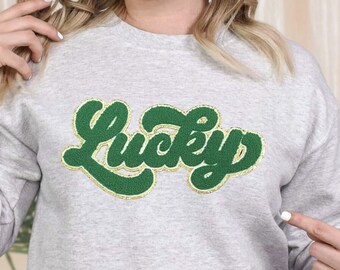 parche de chenilla, suerte, regalos para ella, verde, sudadera del día de San Patricio, parche de la suerte de chenilla