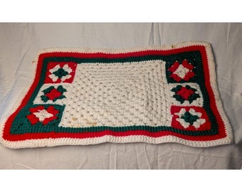 Vintage Handmade Crochet Christmas Placemat Granny Square Red Green White 19in