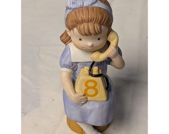 Vintage Ceramic Girl on Telephone Figurine Lavender Dress Number 8 Decor