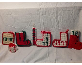 Vintage 1970s Plastic Canvas Christmas Ornaments Lot 7pc Handmade Stockings Noel