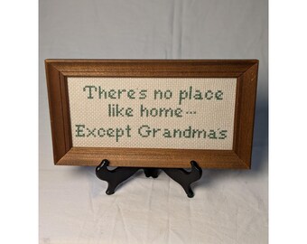 Vintage Handmade Cross Stitch Grandma's Home Wood Framed Wall Art Green Cream