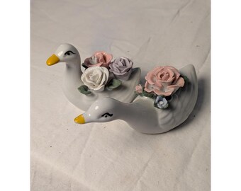 Vintage Porcelain Swan Figurines Lot with Applied Ceramic Rose Cottagecore Decor