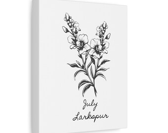 Julio nacimiento flor lienzo pared arte regalo para mamá nacimiento flor arte blanco y negro dibujo de flores larkspur arte de la pared