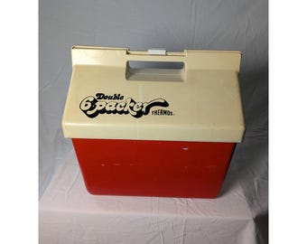 Vintage Thermos Double 6-Packer Cooler Red Tan Retro Picnic Ice Chest Box