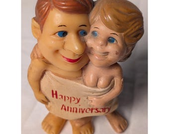 Vintage Happy Anniversary Couple Figurine Kitschy Rubber Novelty Gag Gift 4in