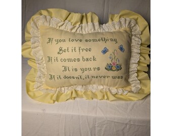 Vintage Handmade Cross Stitch Pillow Yellow Eyelet Lace Ruffle Butterfly Quote