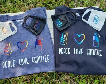 Paz, amor y Sanitize juego de máscaras corna camisetas covid camisetas maestras desinfectar camisas sanitize mascarilla conjunto camiseta holográfica máscara holográfica