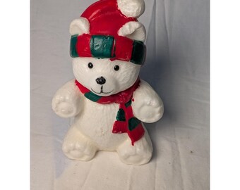 Vintage Christmas Polar Bear Wax Figurine Red Green Scarf Hat Holiday Decor