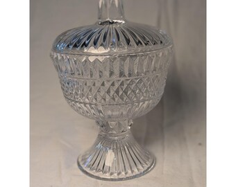 Vintage Clear Pressed Glass Candy Dish Diamond Point Footed Compote with Lid