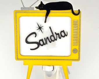 Make it Personal!  Personalized Mid Century Modern/Retro TV Style Night Light w/Lounging Cat- Yellow Acrylic