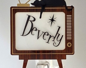 Make it Personal!  Personalized Mid Century Modern/Retro TV Style Night Light w/Lounging Cat-Mahogany Wood Grain Acrylic