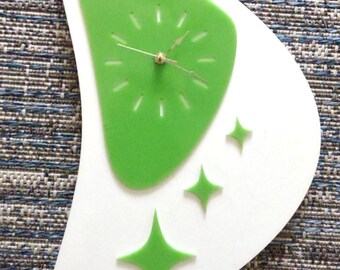 Boomerang Acrylic Wall Clock: Mid Century Modern Retro Decor - Lime Face on White Boomerang