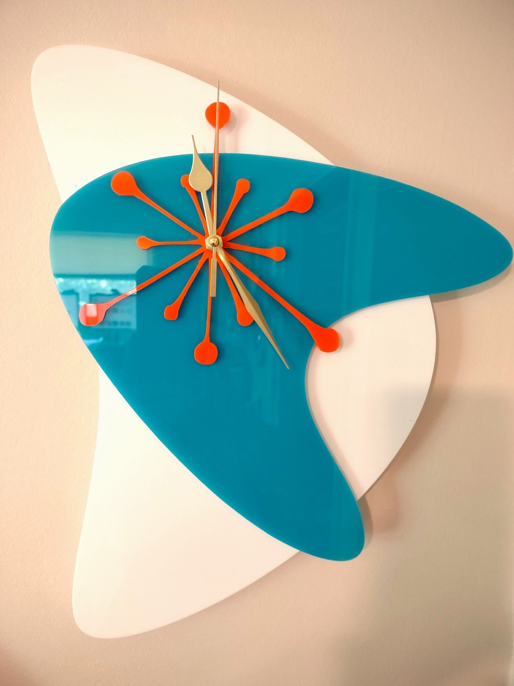 Mid Century Modern Boomerang Wall Clock: Turquoise Starburst