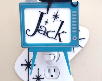 Make it Personal!  Personalized Mid Century Modern/Retro TV Style Night Light w/Lounging Cat-Turquoise Acrylic