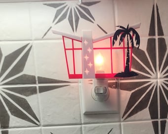 Mid Century Modern Inspired "Butterfly Roof" Putz House Night Light - Red with Black Palm Tree