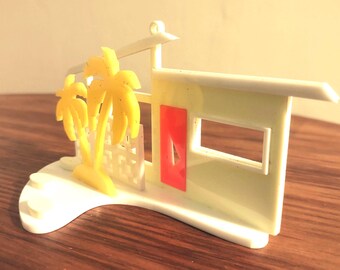 Palm Springs Putz House Village Ornament, Mid Century Modern, Retro Christmas Decor, Holiday Collectable, Lemon Chiffon/Lemon Zest Palm Tree
