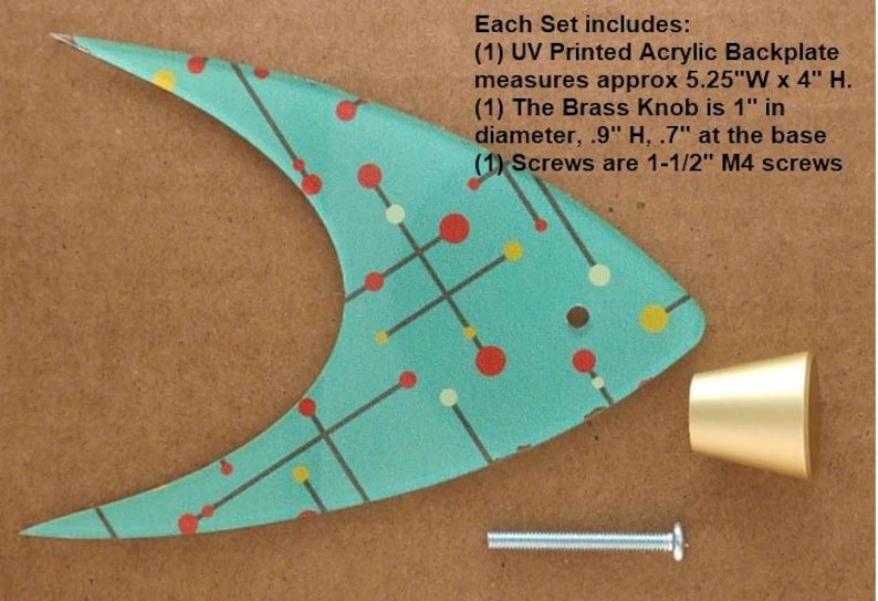 May include: A mid-century modern style furniture hardware set. The set includes a teal acrylic backplate with a colorful dot and line pattern, a brass knob, and a screw. The backplate measures approximately 5.25"W x 4"H.