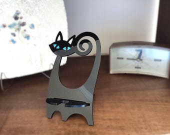 Atomic Cat Cell Phone Stand: Mid Century Modern Black Acrylic Charging Station