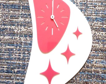 Boomerang Acrylic Wall Clock: Mid Century Modern Retro Decor-Pink Melon on White Background