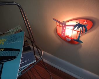 Mid Century Modern Inspired "Butterfly Roof" Putz House Night Light - Orange with Turquoise Palm Tree