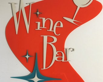 Mid Century Modern Acrylic Wine Bar Sign: Retro Starburst Decor