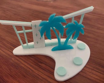 Palm Springs Putz House Village Ornament, Mid Century Modern, Retro Christmas Decor, Holiday Collectable, Aqua/Turquoise Palm Tree