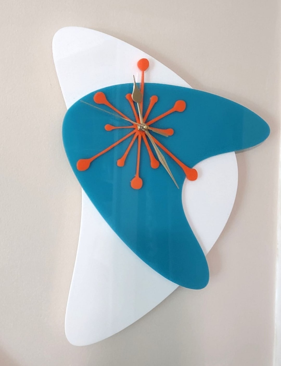 Mid Century Modern Boomerang Wall Clock: Turquoise Starburst