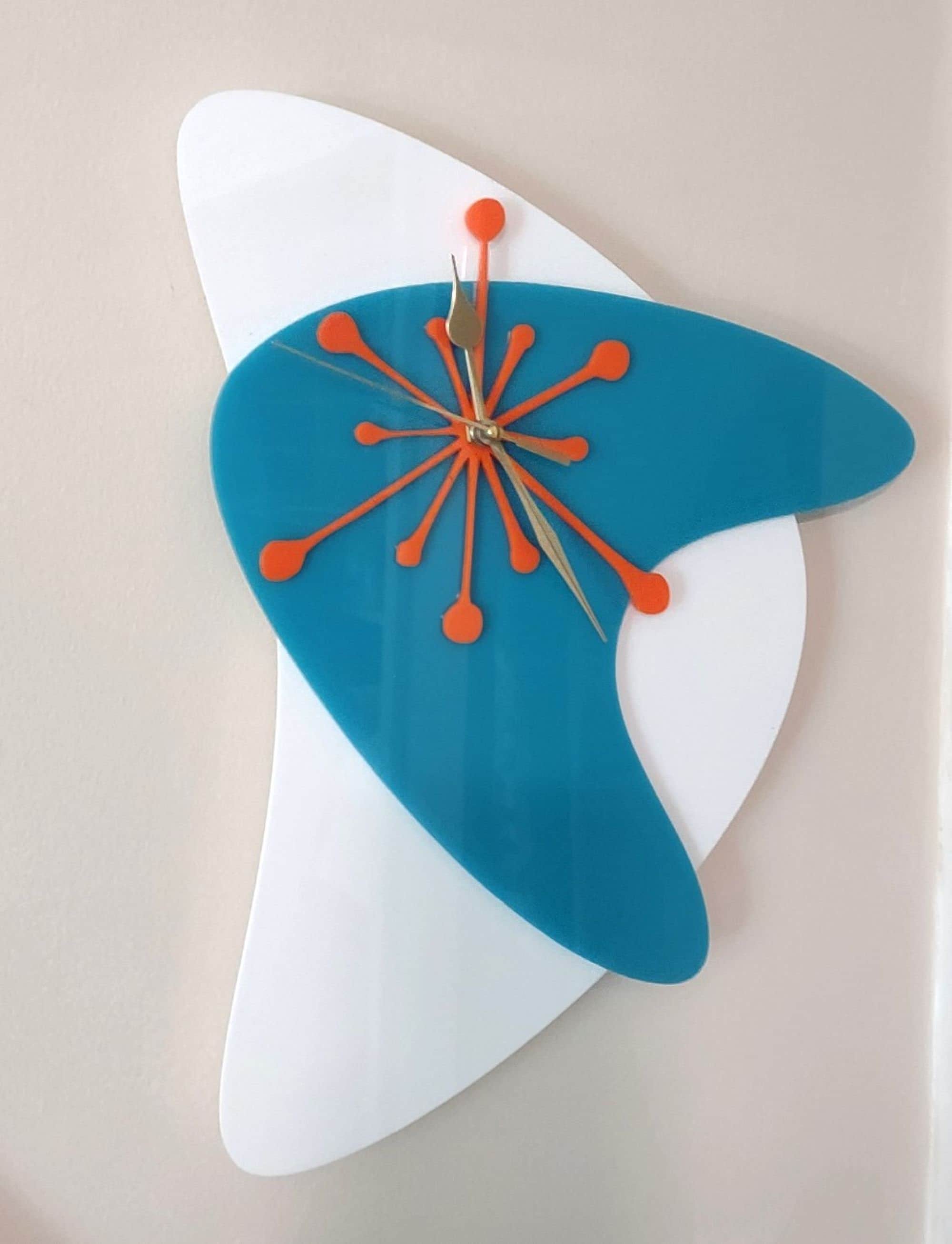 Mid Century Modern Boomerang Wall Clock: Turquoise Starburst
