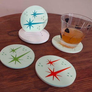 Atomic Starburst Retro Mod | Mid Century Modern 'Set of 4' | Acrylic Drink Coasters w/Stand