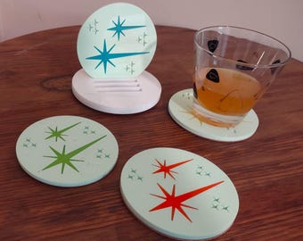 Atomic Starburst Retro Mod | Mid Century Modern 'Set of 4' | Acrylic Drink Coasters w/Stand