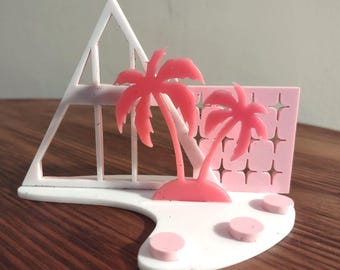 Palm Springs Putz House Village Ornaments, Mid Century Modern, Retro Christmas Decor, Holiday Collectables, Pink Poodle/Pink Melon Palm Tree