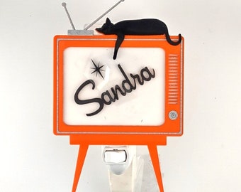 Make it Personal!  Personalized Mid Century Modern/Retro TV Style Night Light w/Lounging Cat-Orange Acrylic